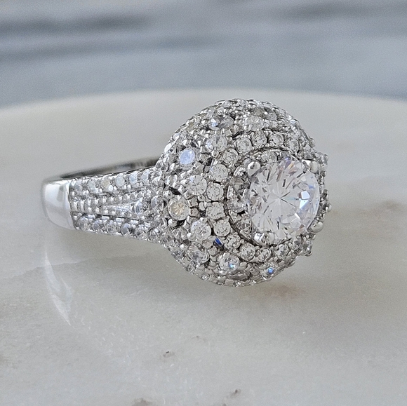 Vintage Style Victorian Double Halo Ring,  925 Sterling Silver - Picture 2 of 9